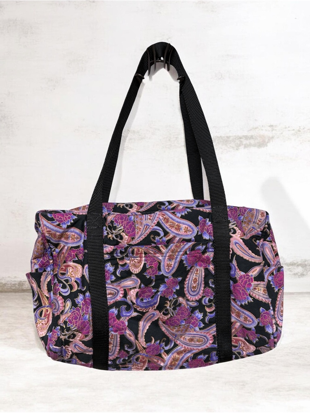 Floral Paisley quilted Tote Black & Purple gold accents small duffel bag